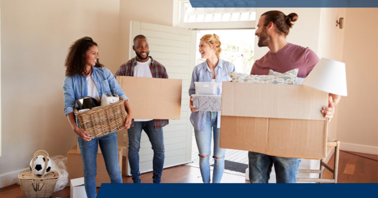 A group of young people helping their friends move in to a new house, carrying boxes and smiling at each other. Concept: Millennial Marketing 101
